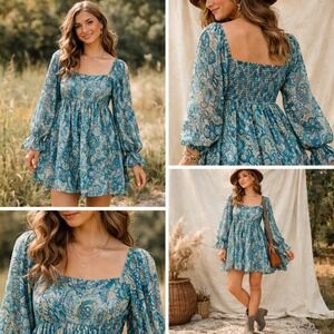 Jolt Paisley Mini Babydoll Dress Sz XL Blue Teal Gold Boho Smocked Bell‎ Sleeve
